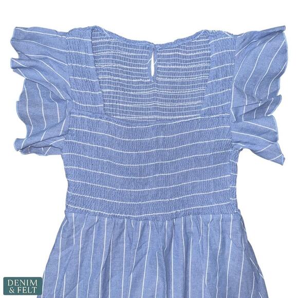 Cupshe Blue Pinstriped Smocked Maxi Beach Dress Ruffle Cap Sleeve Size Large NEW - Picture 7 of 13